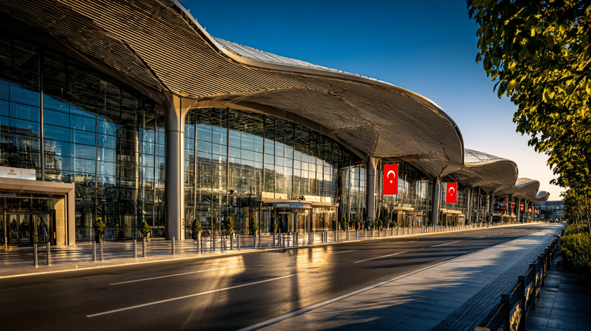 Aerial view of Istanbul Airport terminal with city skyline in the background